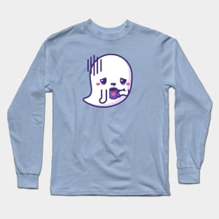 Tired kawaii ghost with coffee cup Long Sleeve T-Shirt